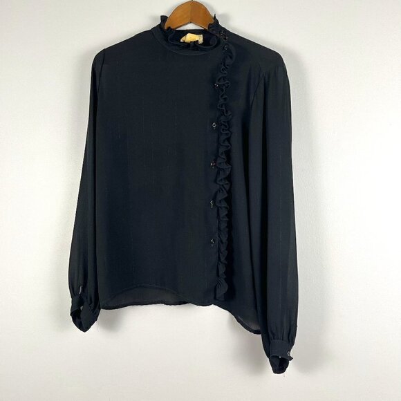 Vintage Elite 70’s blouse long sleeves button shirt shear ruffle black size 16 - Picture 1 of 9
